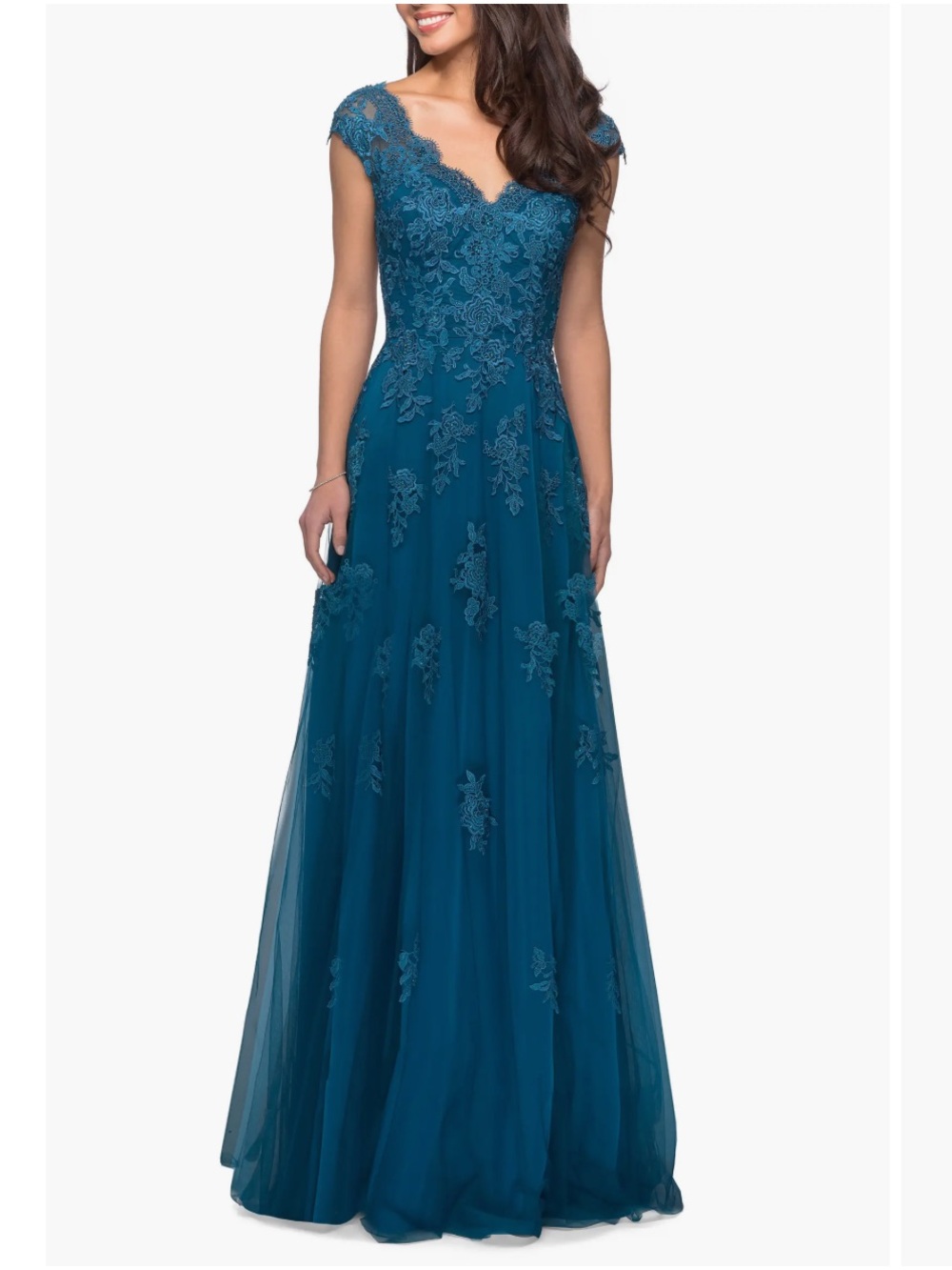 La Femme Teal Lace Appliqué Tulle Gown Size 18 MSRP $578